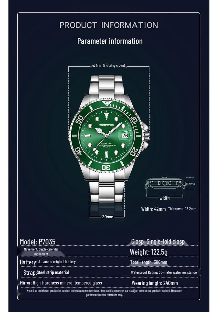 Sanda Steel Band Men's Quartz Watch with Simple Calendar, Waterproof, Green Dial