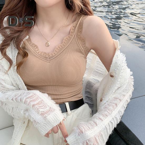 

High Elastic Tank Top Sleeveless Fashion Lace Stitching Strap Tank Top хаки