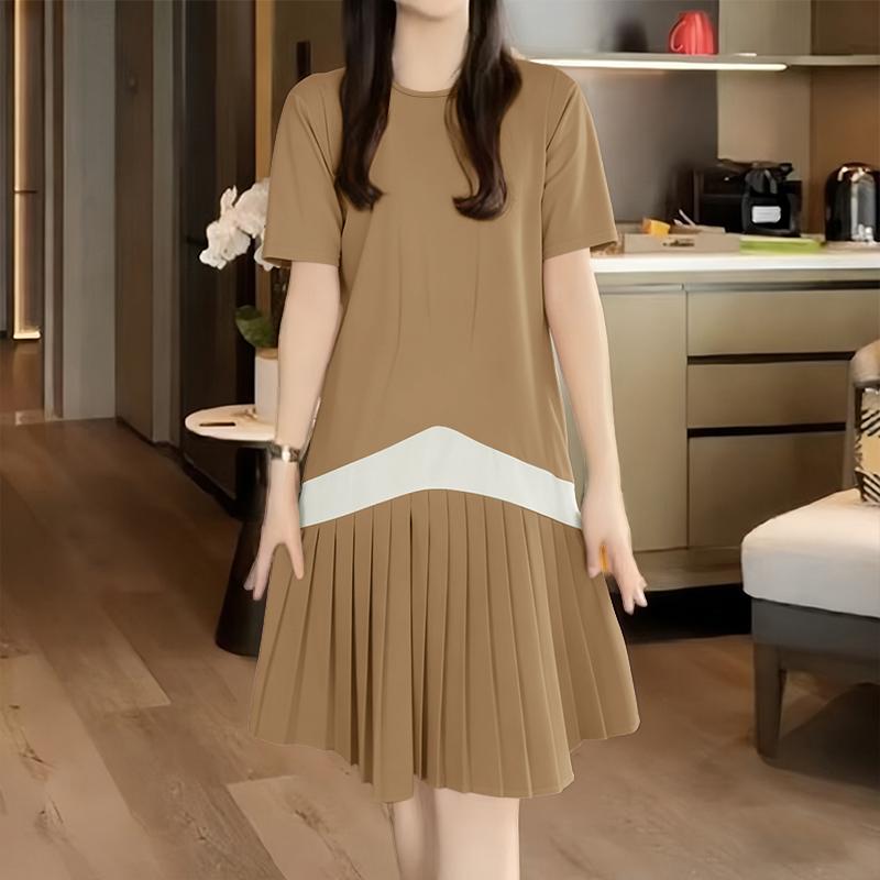 ZANZEA Women Casual Round Neck Loose Short Sleeve Pleated Hem Dress S