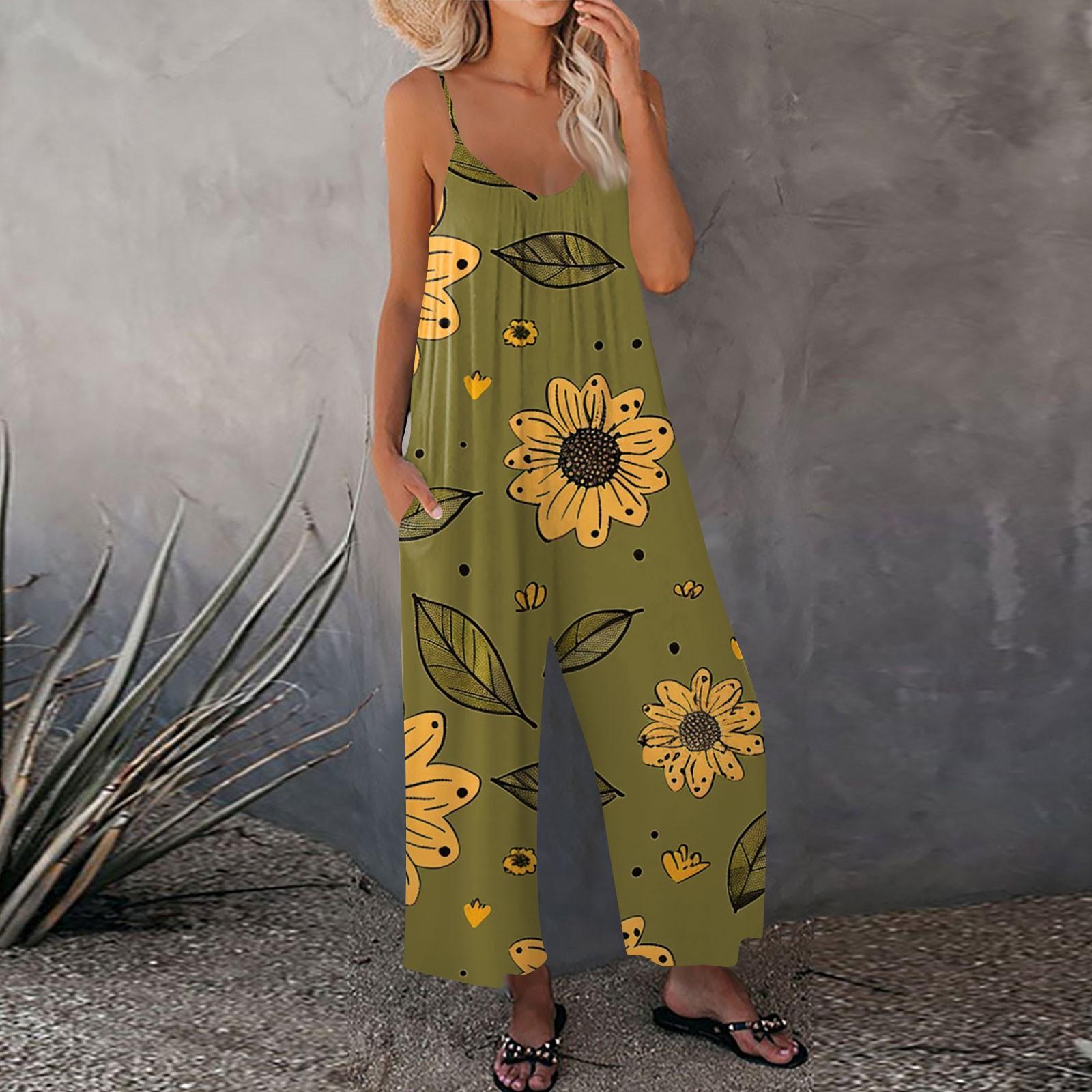 

Женский комбинезон с цветочным принтом, повседневный свободный комбинезон с регулируемыми подтяжками XL жёлтый