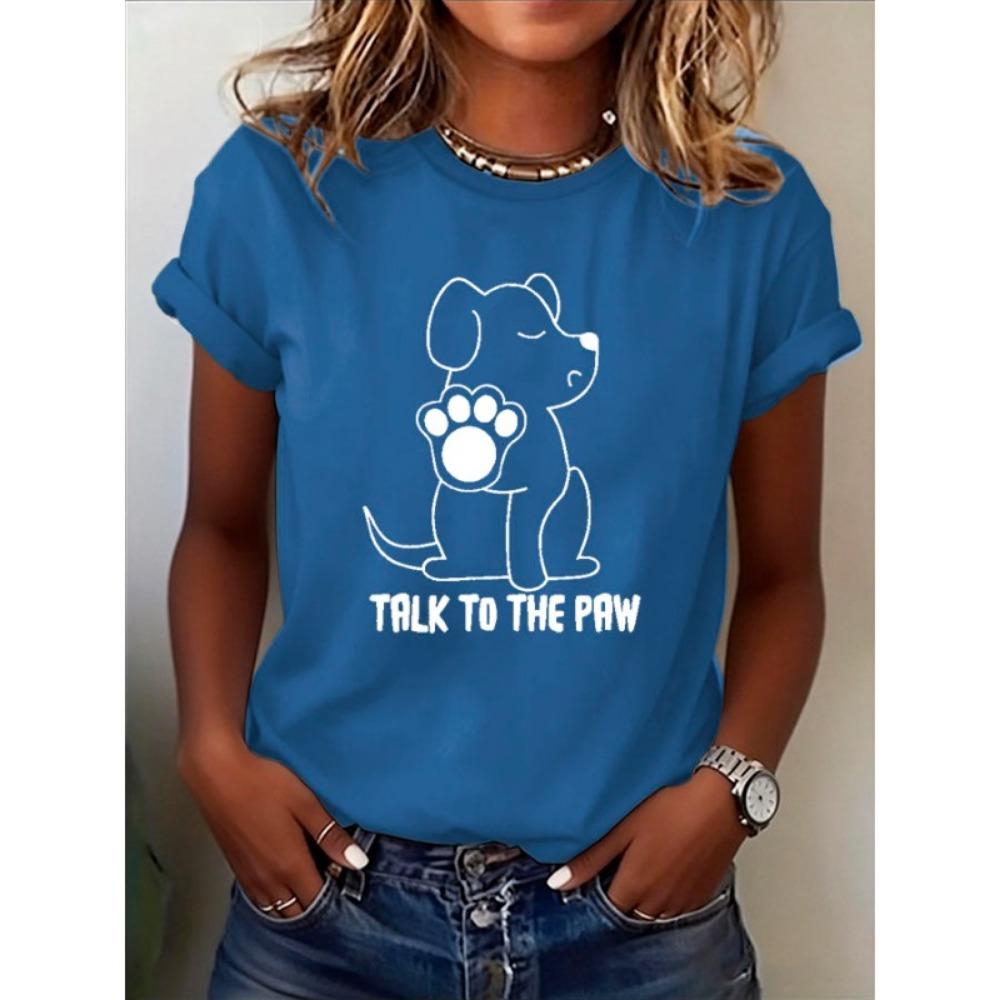 Ilstile Women's Dog Paw Print T-Shirts Summer Short Sleeve Tops Casual Round Neck T Shirt Black White Tees Hot Sale