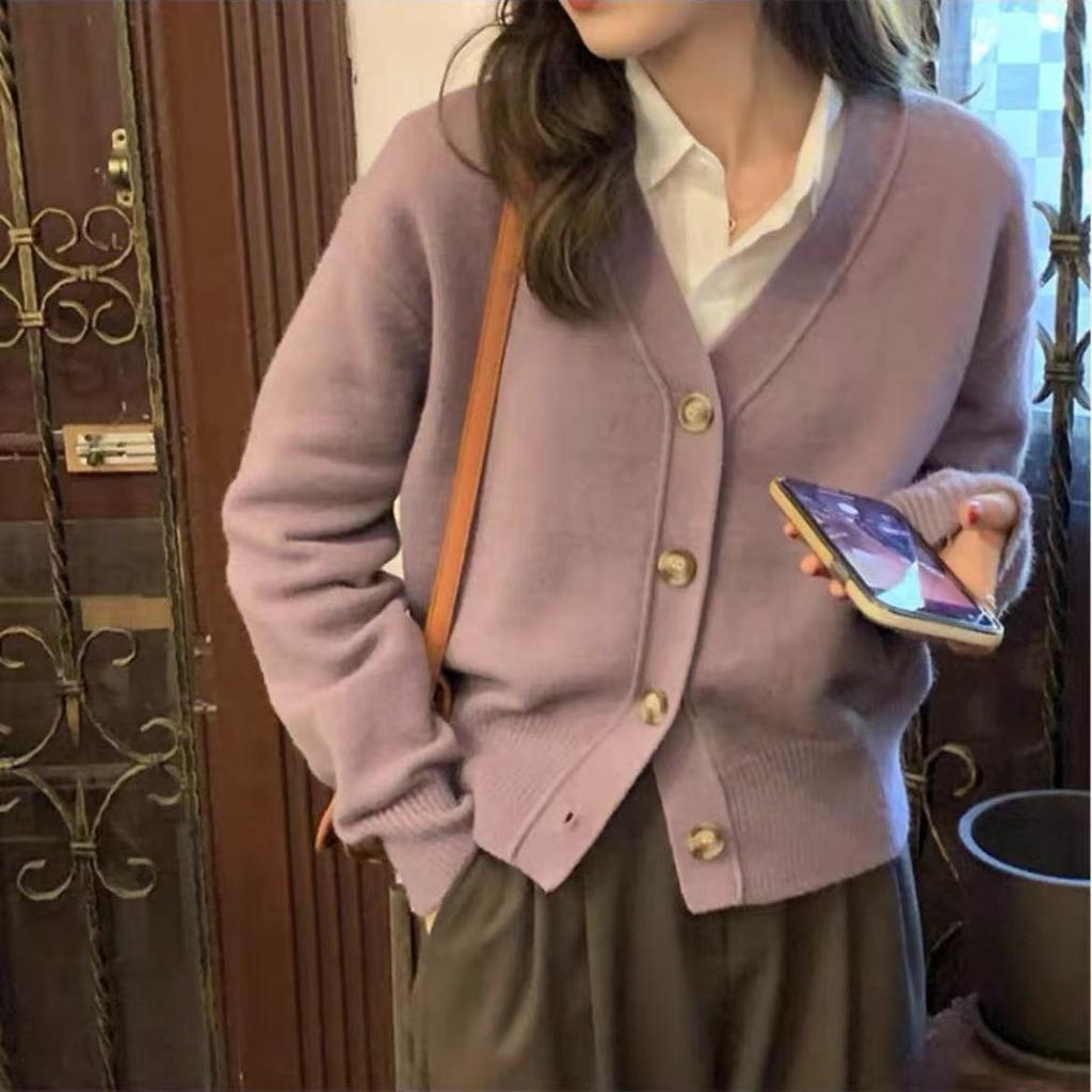 Pulover cardigan cu decolteu în V casual și versatil toamnă și iarnă casual cu gât în ​​V cu mânecă lungă pulover tricotat solid top feminin