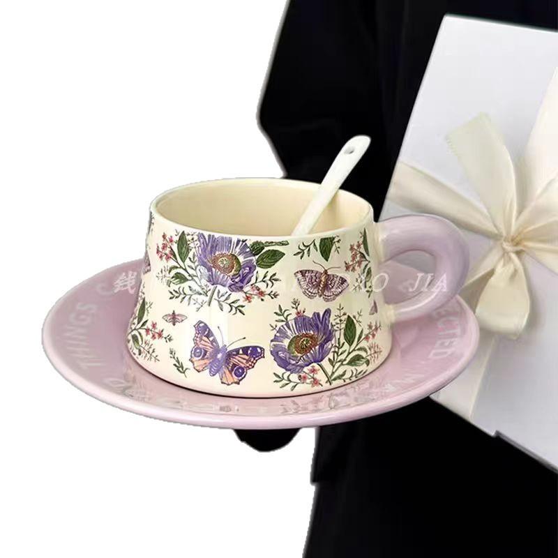High-end Birthday Gift Girls' Souvenir Garden Designer Yuan Ceramic Cup Saucer Coffee Cup Meridian Tea Cup
