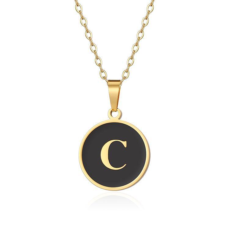 English letter oiled necklace, European and American trend titanium steel chain, round gold letter pendant collarbone chain