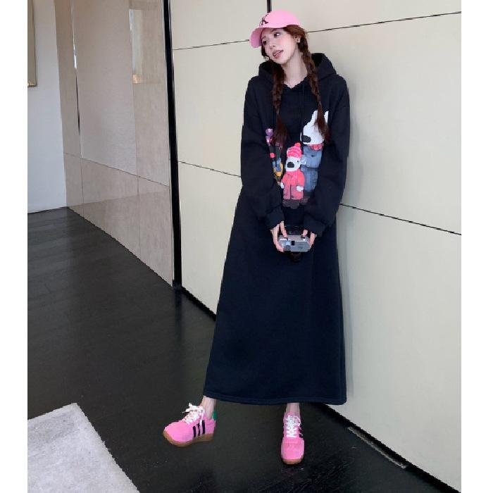 YYFS Women's Fashion Fall Winter Long Sleeve Hooded Loose Waistline Casual Dresses
