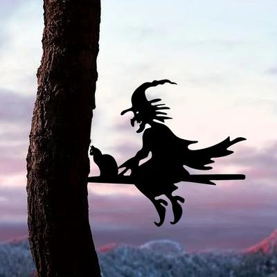1pc Scary Witch & Cat On Branch Steel Silhouette Metal Wall Art for Home,Yard, and Patio, Outdoor Statue Stake Decoration