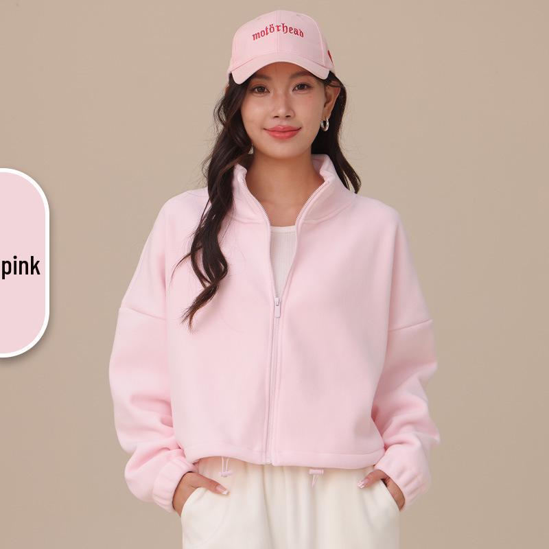 Women's Oreo Fleece Sports Jacket: Double-Sided, Velvet Thickened, Stand Collar, Loose Fit for Autumn/Winter Fitness & Casual Wear.