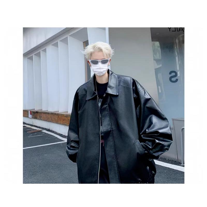 American Retro Black Leather Jacket Men's High-end Feeling Spring and Autumn Clean Fit Cool and Stylish Shoulder Pad Jacket Motorcycle Suit