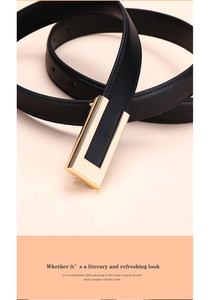 Women's Fashionable Gold Buckle Leather Belt - Versatile Cowhide Waistband for Dresses and Pants