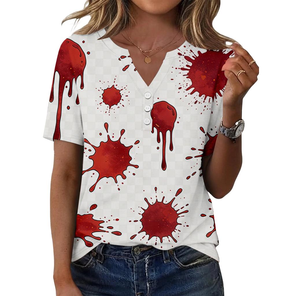 Women's Casual V Neck Short Sleeve Button T Shirt Halloween Print Top Relaxed Fit Lightweight Soft Fabric