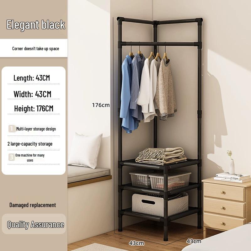 Cabide de Roupas e Chapéus de Canto Multifuncional - Prateleira de Secagem e Armazenamento Interna de Chão