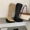 Niche Round Head Thick Bottom Washed Canvas Belt Buckle Stacking Boots Spring New Retro Tall Knight Boots Women