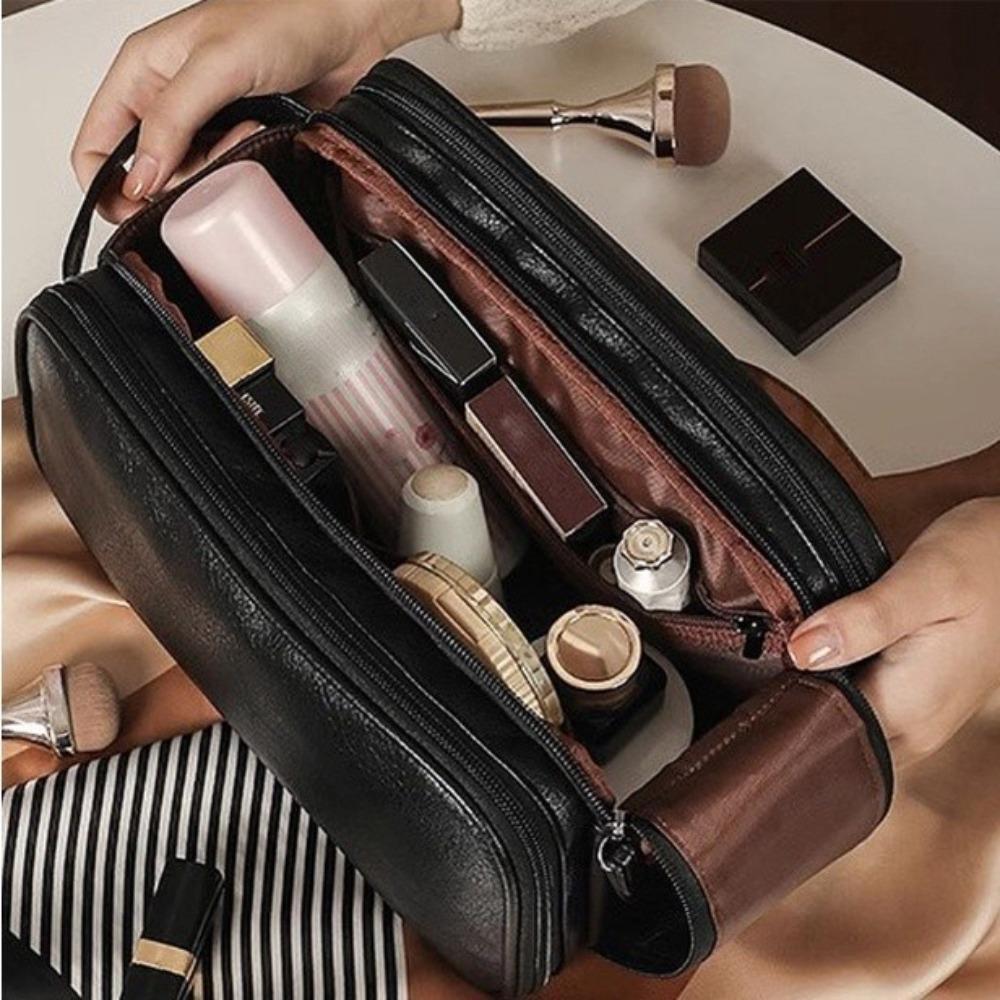 Double Zipper Multifunctional Makeup Bag Large Capacity Cosmetic Handbag  For Women