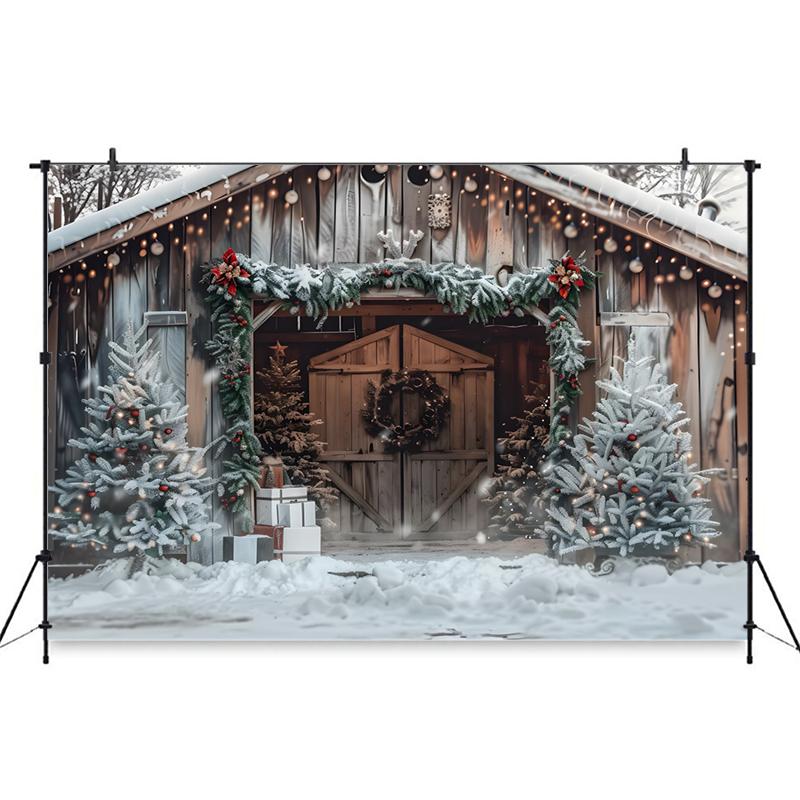 Mocsicka Christmas Backgrounds Photography Wood House Doors Winter Snow Tree Decorations Backdrops Party Wallpaper Studio Banner