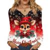 Women's Fashionable Casual V-neck Blouse Button Christmas Printed Long-sleeved Pullover T-shirt Top