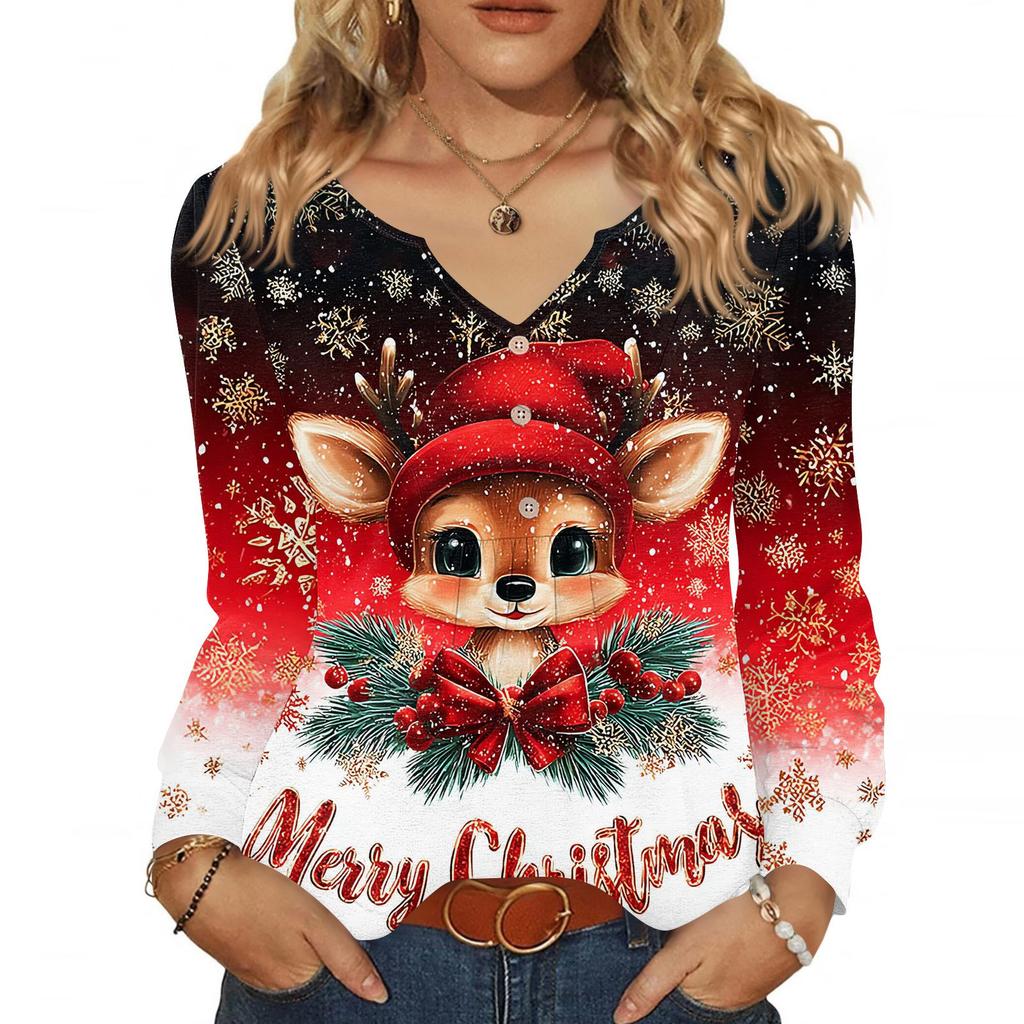 Women's Fashionable Casual V-neck Blouse Button Christmas Printed Long-sleeved Pullover T-shirt Top