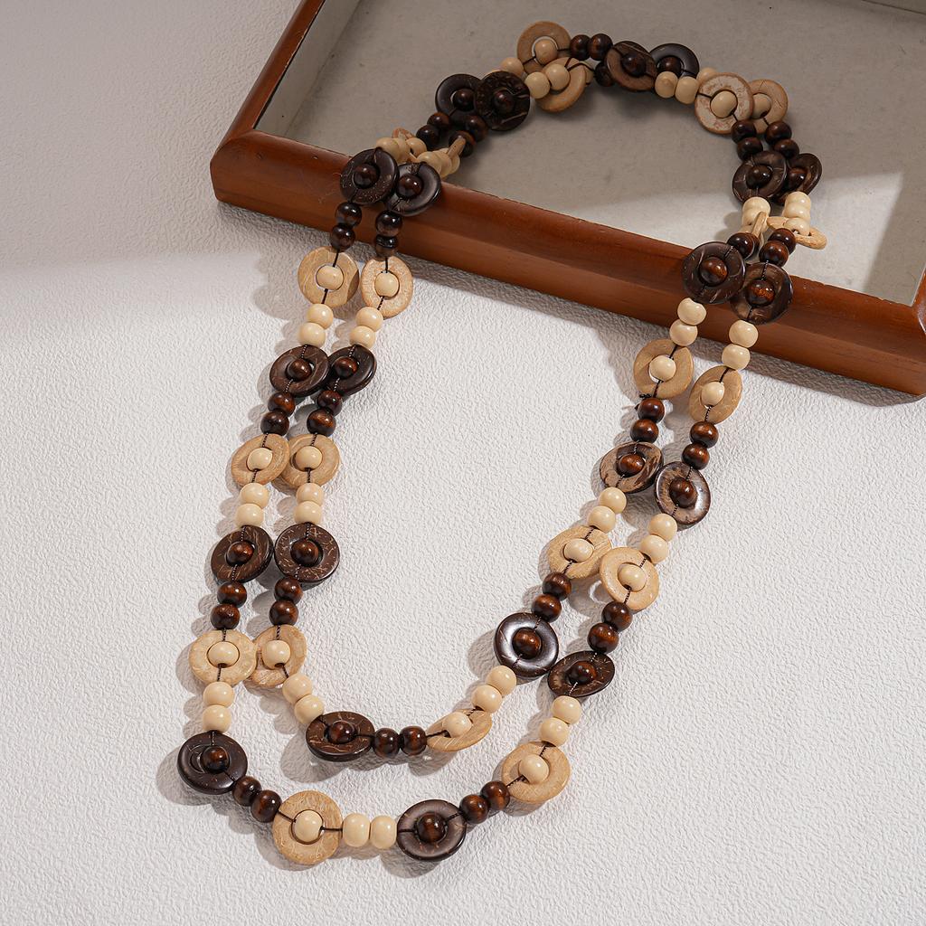 Vacation Style Coconut Shell Wood Beaded Multilayer Sweater Chain Bohemian Necklace