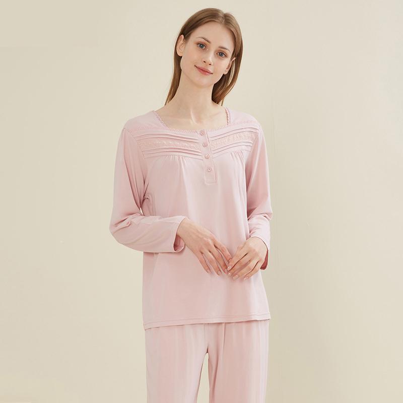 

Пижамный комплект из модального хлопка с квадратным воротником, элегантная женская повседневная пижама, осенние брюки с длинными рукавами, комплект из двух предметов для дома 2XL розовый