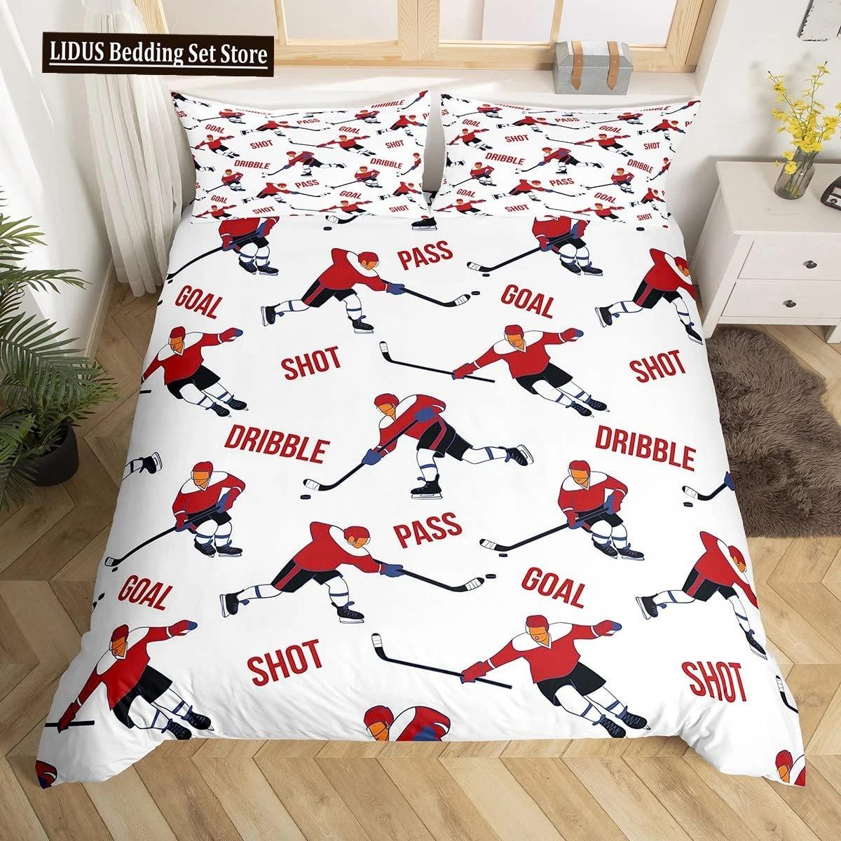 

Комплект постельного белья с изображением хоккея на льду, комплект постельного белья с геометрическим рисунком в стиле пэчворк, комплект постельного белья для занятий зимними видами спорта EU Single 135x200cm
