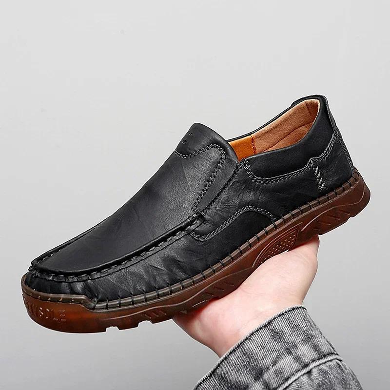 Fashion Men's Handmade Soft Leather Casual Shoes Comfortable Classic Lightweight Antiskid Durable Fashionable Flat Shoes