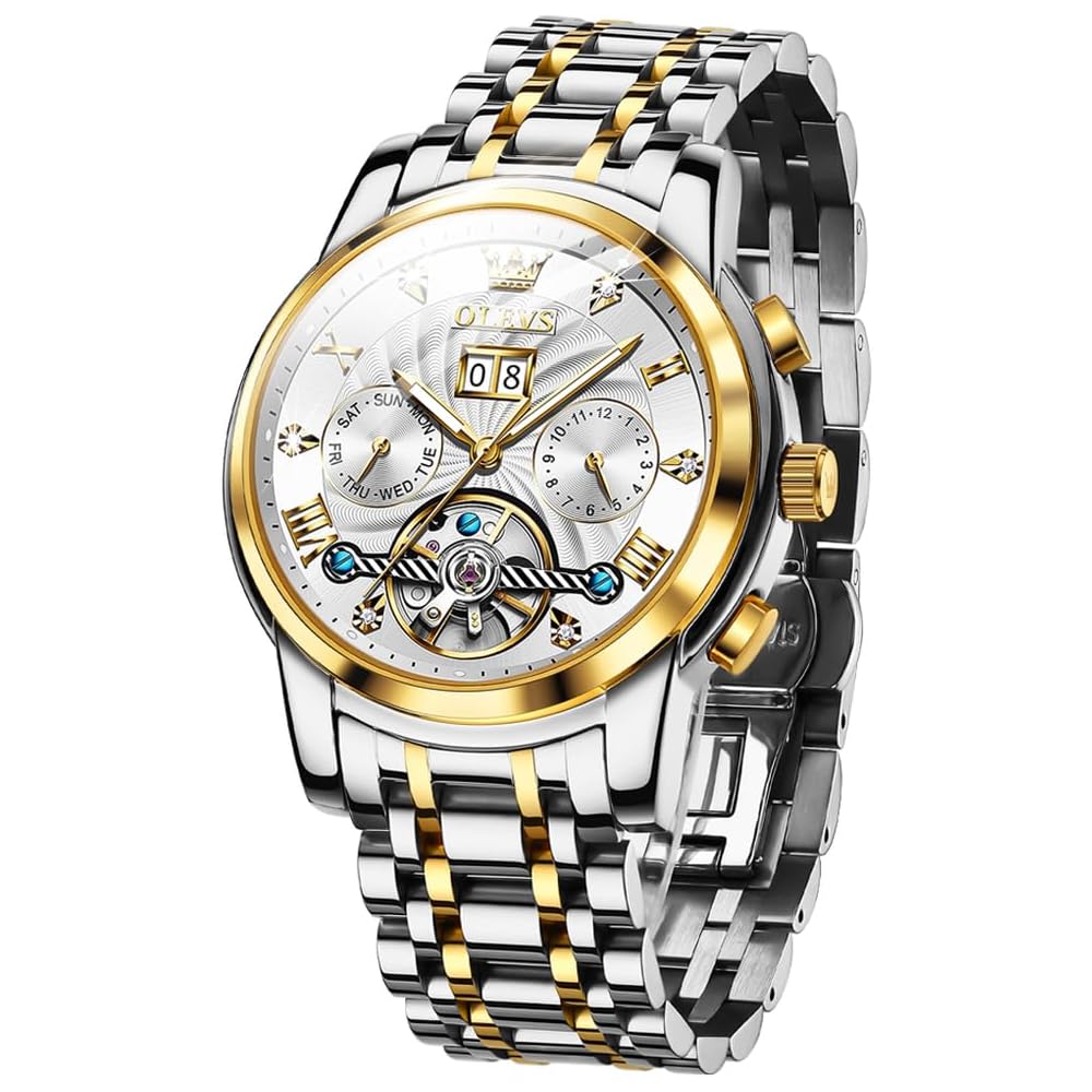 OLEVS Skeleton Watch Men s Luxury Diamond Automatic Mechanical Waterproof Watch White Dial