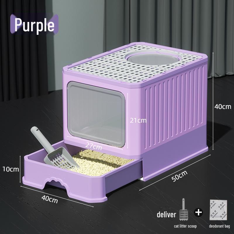 Fully Enclosed Oversized Drawer-Type Folding Cat Litter Box with Top-Entry