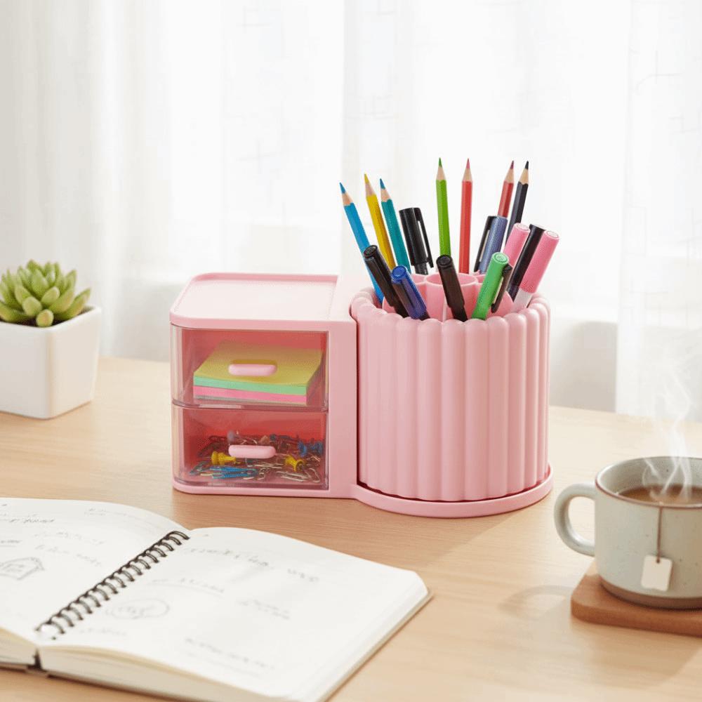 360° Rotating Makeup Brush Holder 2 Drawers Large Capacity Desk Organizer Simple Design Multiple Compartments Rotating Organizer