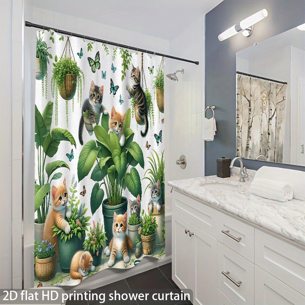 Cute Cat Shower Curtain Adorable Kittens with Plants and Butterflies Waterproof Polyester Bathroom Decor
