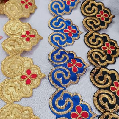 Longevity Peach Gold Embroidered Iron-on Applique with Self-Adhesive Long Strip for Skirt Hem or Stage Waistband.