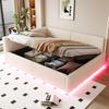 Gestoffeerd Bed 140 x 200 cm met LED-Verlichting, Type-C en Twee USB-Poorten, L-vormig Hoofdsteun, Fluweel, Hydraulisch Bedframe Beige (Matras niet inbegrepen)