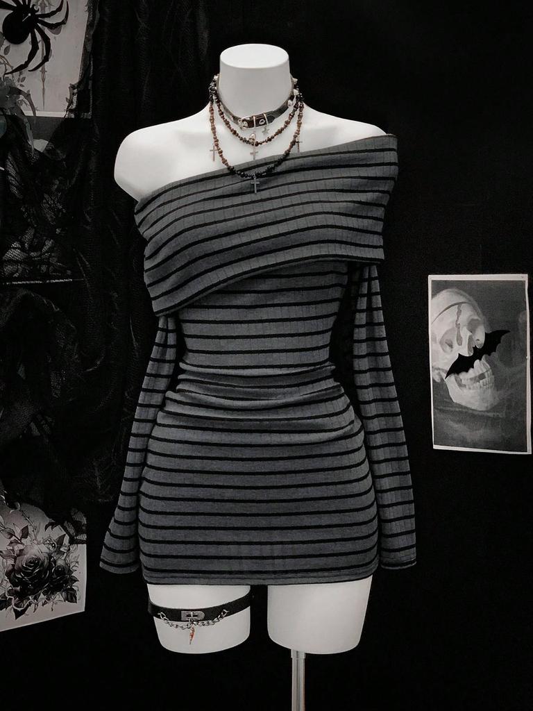 Autumn Winter Striped One-Shoulder Long-Sleeve Y2K Knit Hip-Hugging Dress