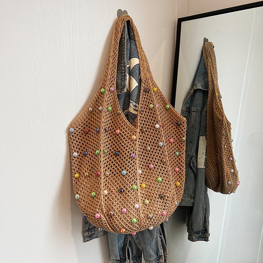 

Женская вязаная сумка через плечо с цветными бусинами, эстетичная вязаная сумка, большая вместимость, вязаная сумка-тоут, женская летняя сумка хаки
