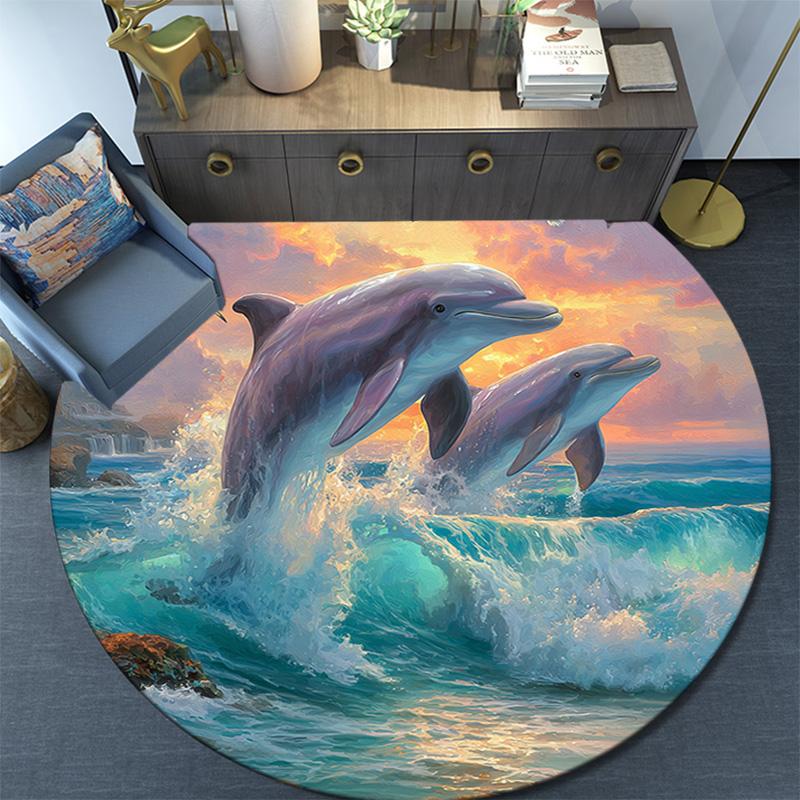 Dolphins Round Area Rug,Carpet Rug for Living Room Bedroom Sofa Playroom Decor,Non-slip Floor Mat