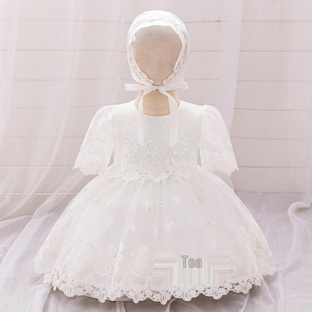 Girls' White Lace Christening Gown - First Birthday Princess Dress
