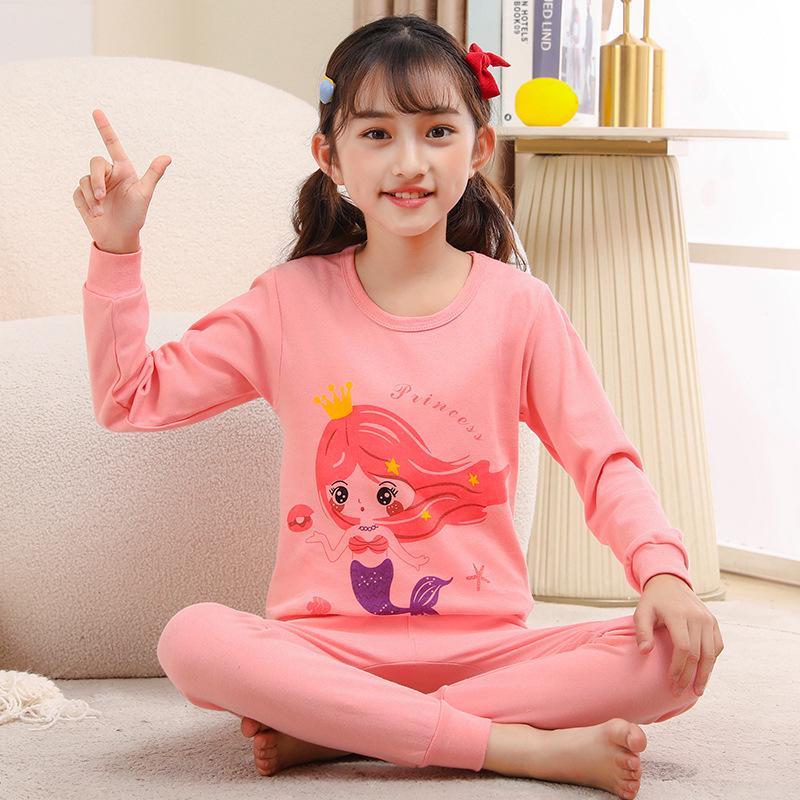 Kids' Cotton Pajama Set: Boys' Warm Underwear or Girls' Autumn Sweater and Pants, Small to Medium Sizes.
