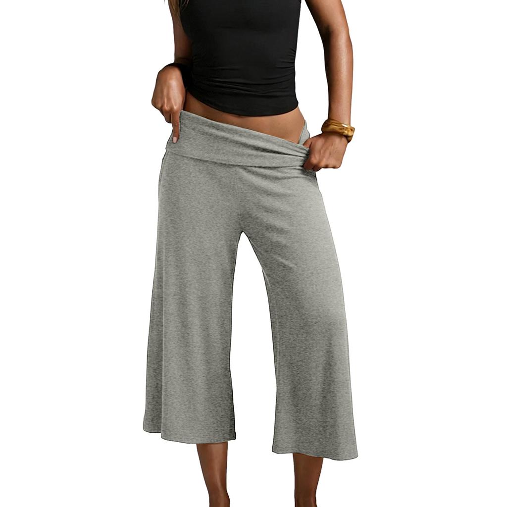Pantaloni da Yoga da Donna a Gamba Larga Corti con Vita Pieghevole Vestibilità Rilassata Tessuto Morbido ed Elastico per il Comfort