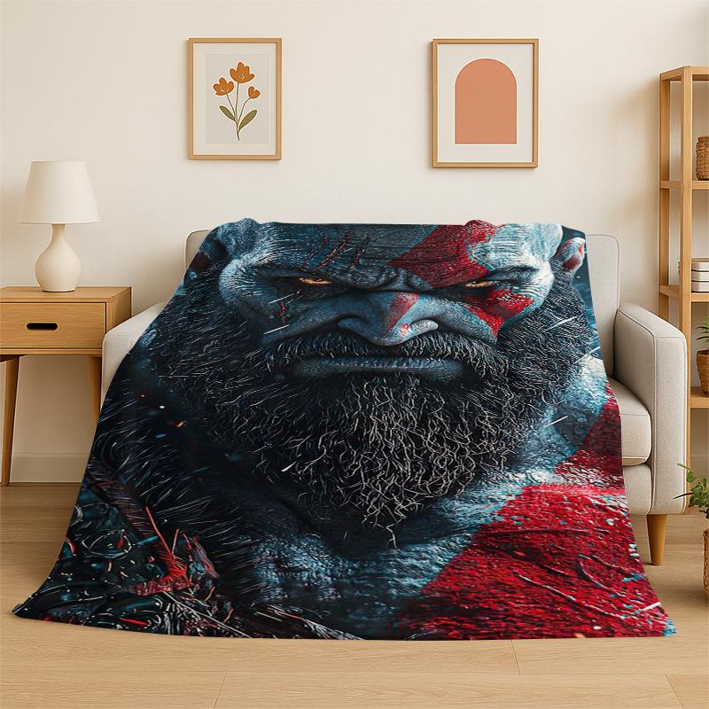 Retro God of War Game Kratos Flannel Blanket Soft Warm Throw Blanket for Bedroom Living Room Bed Travel Camping Picnic Gift 75x90cm