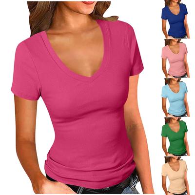 2026 Summer Women's Elegant V-Neck Slim Fit Solid Color Short Sleeve T-shirt