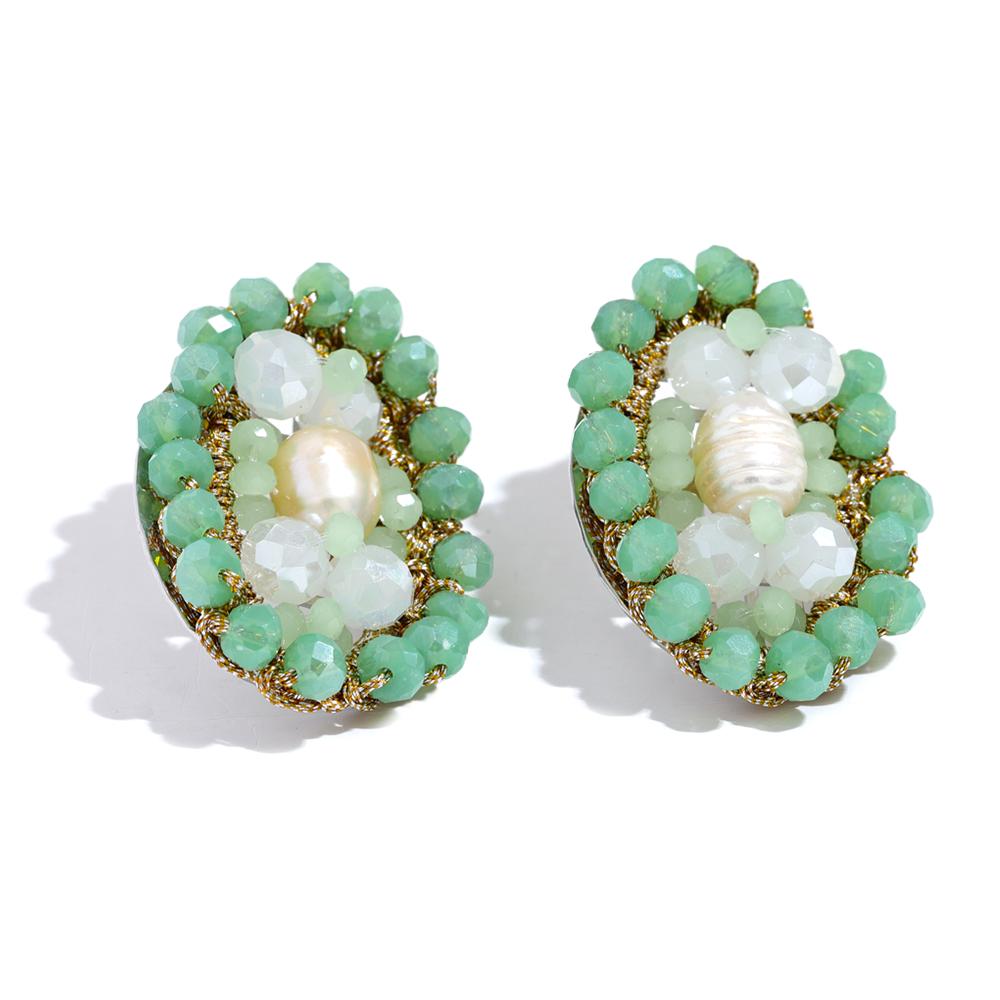 

Yhpup Green Crystal Beads Natural Pearl Oval Handmade Stud Earrings Stainless Steel Fashion Trendy Jewelry for Women Gala Gift
