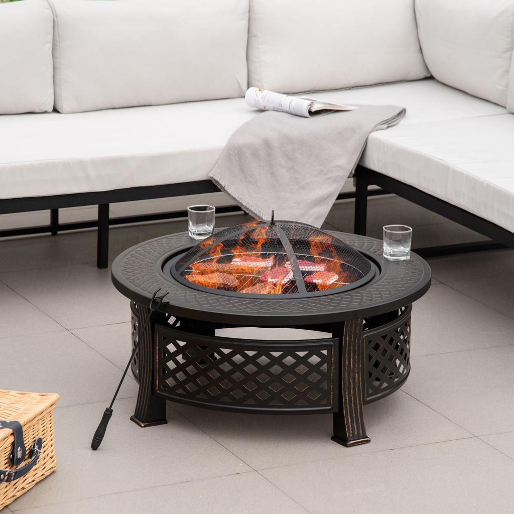 Outdoor Fire Pit, Firepit with Grill Net, Mesh Lid, Poker, for Camping, Bonfire, Picnic, Bronze Tone