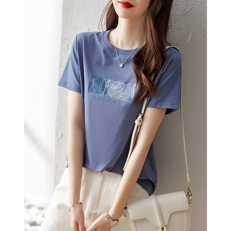Demana Women's Rose Print Short Sleeve Knit T-Shirt