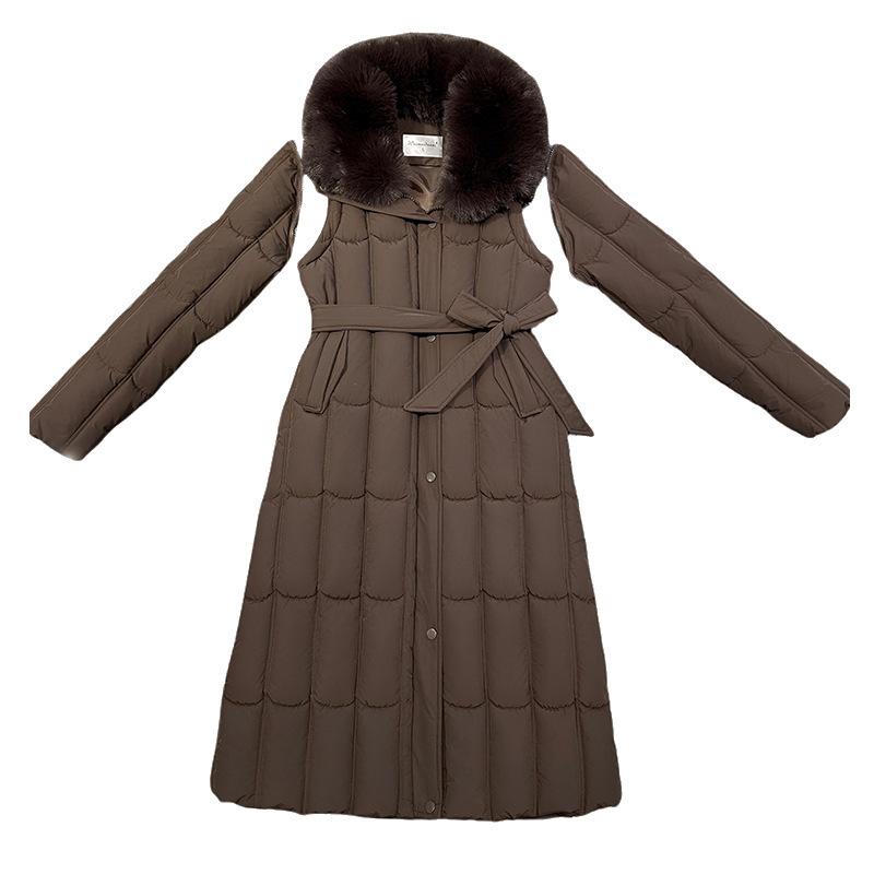 New fur collar long cotton-padded clothes for women with waist and thin thickened warm cotton-padded jacket with removable sleeves and large-size j