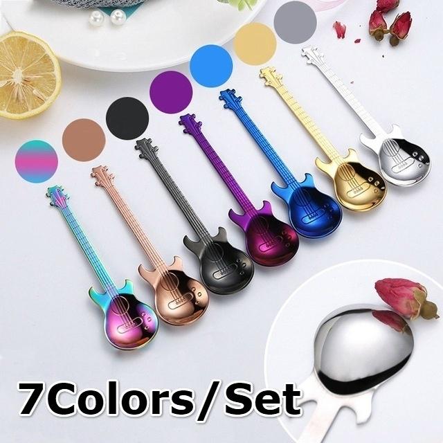 7PCS/Set Stainless Steel Guitar Spoons Rainbow Coffee&Tea Spoon Flatware Drinking Tools