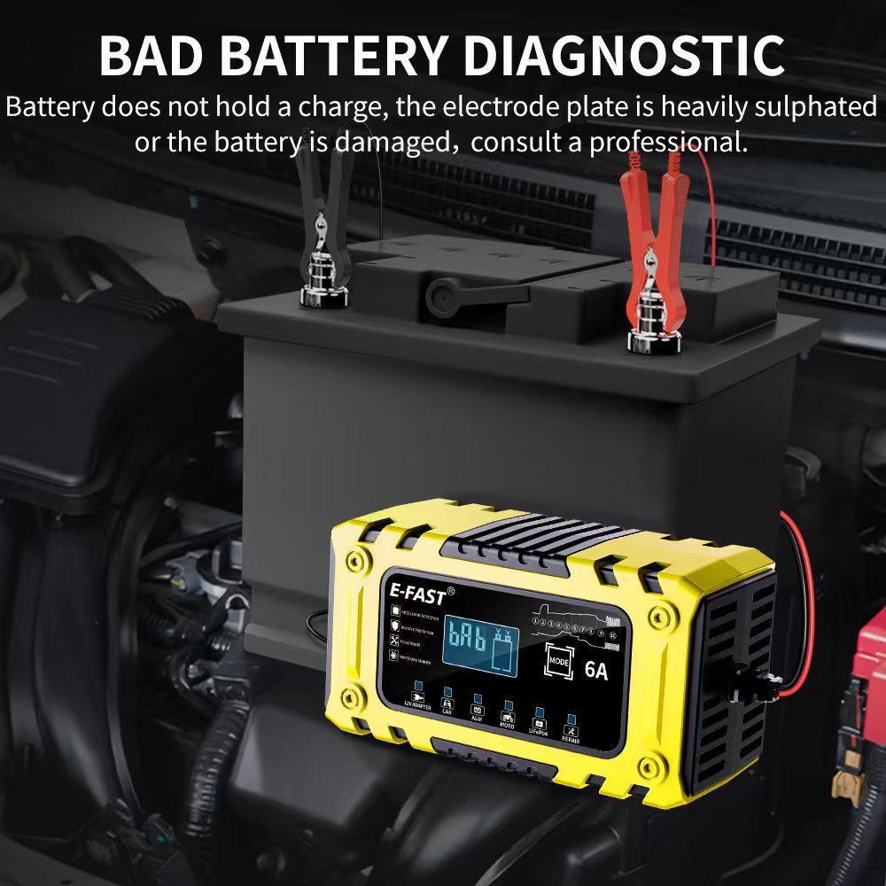 12V 6A Smart Battery Charger, Ten-Stage, Auto-Stop for Lead-Acid & LiFePO4 Batteries
