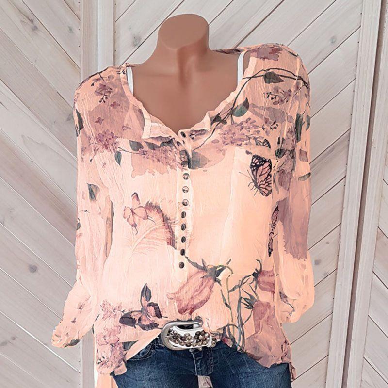 Premium Quality Chiffon Women Casual Floral Printed Buttons T-shirt Irregular Tops Blouse