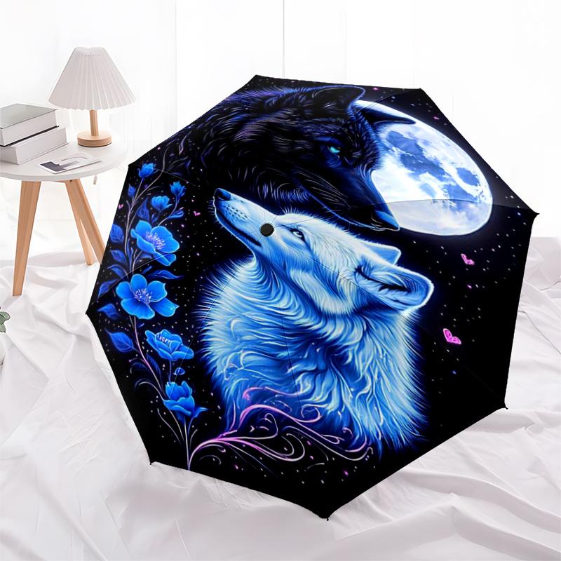 Blue Moon Wolf Floral Design Automatic Opening/Closing Umbrella with Foldable Design, Iron Frame, Outdoor Use, Festival Gift for Fans, Trave