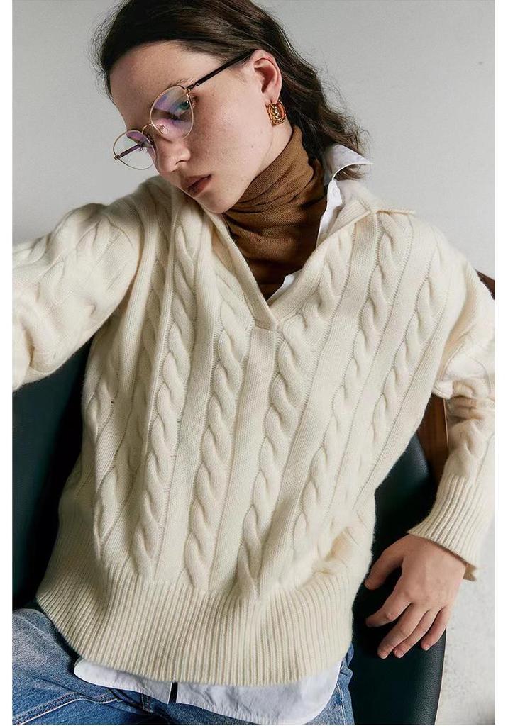 2024 Korean V-Neck 100% Pure Wool Loose Knit Pullover Sweater