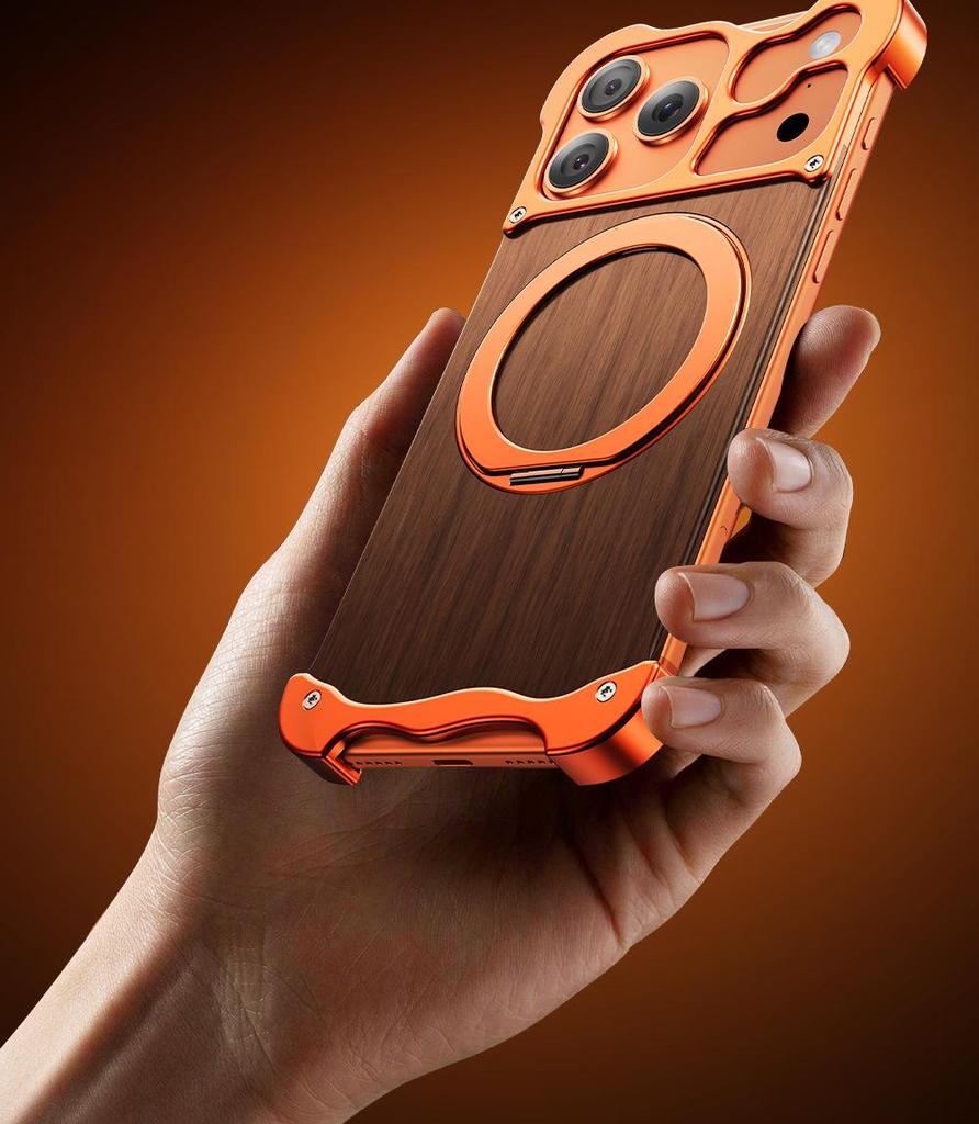 Alien 17 Pro Max Integrated Case with 360° Stand - Solid Wood & Metal, Magnetic Design for 16 Pro Max