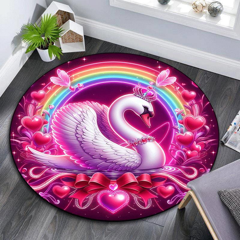 

1pc Soft, Absorbent & Non Slip Pink love swan and rainbow Round Rug Soft Circle Rug for Living Room & Bedroom Decor, Chair Mats, and Unforge 80cm by 80cm