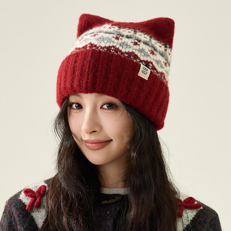 Jacquard Cat Ear Knitted Hat Women's Autumn Winter Warm Wool Hat Cashmere Ear Protection Hat